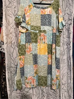 Patchwork Floral Midi Dress in Sage and Blue
